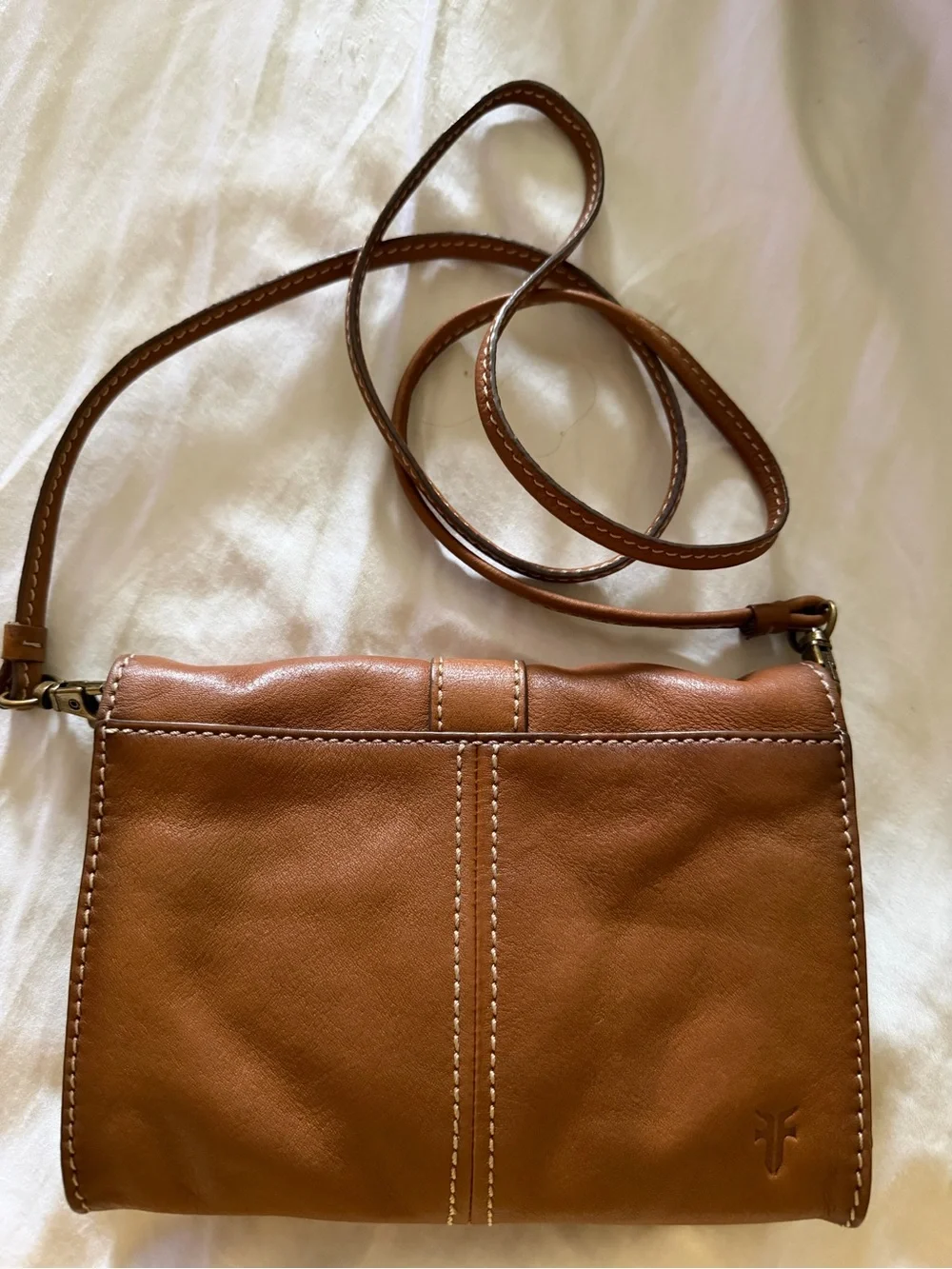 Frye Tan Leather Crossbody with Brass Ring Accent